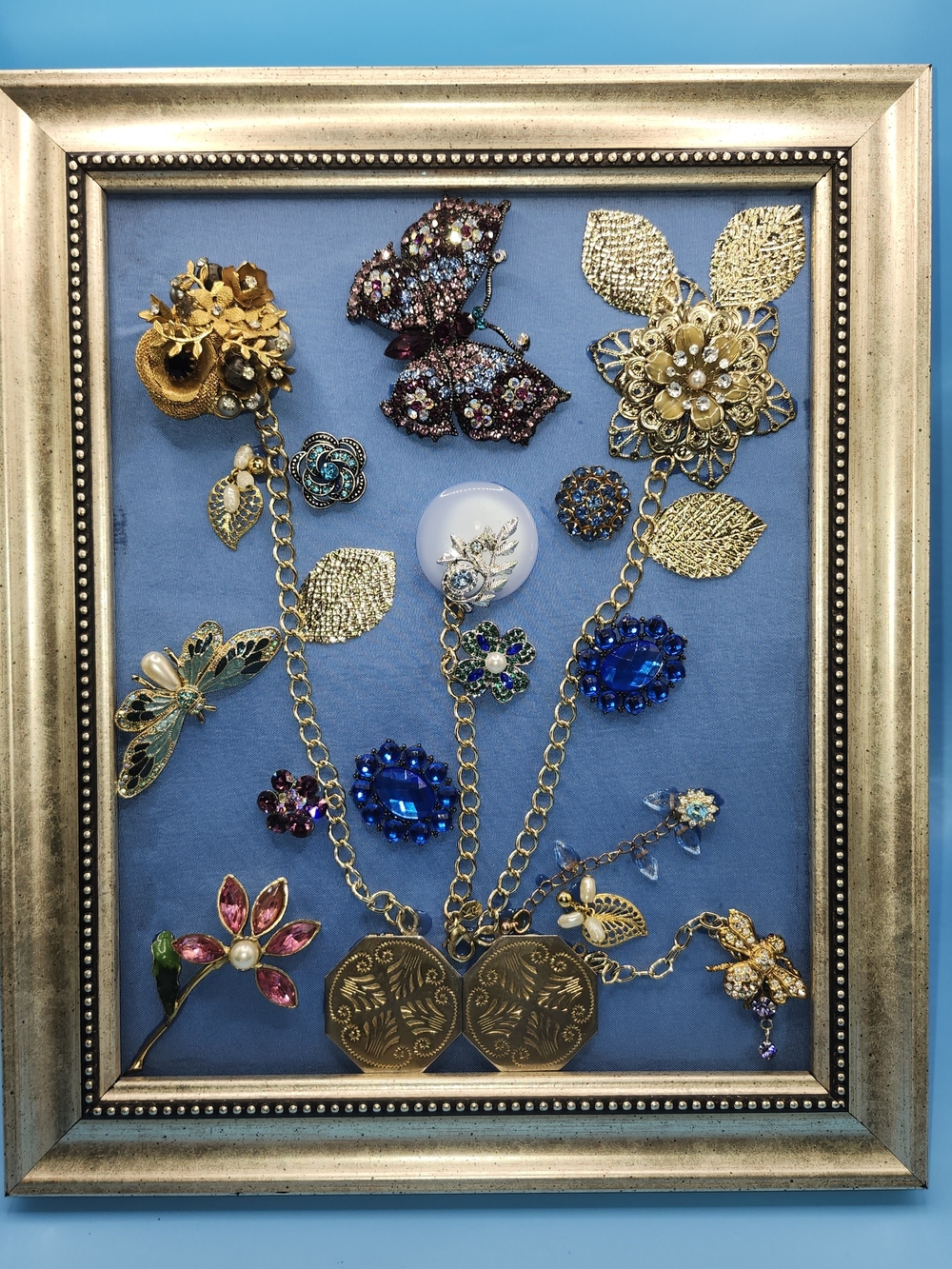 Handmade Vintage Jewelry Art Framed Flower Bouquet Brooch Collage Mixed Media